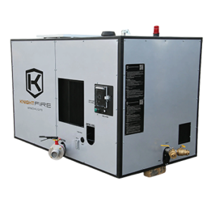 Knight Fire On Guard stand-alone unit in a gray enclosed skid with control panel and water connections