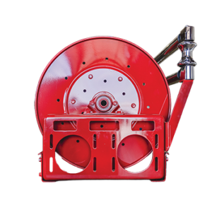 Red fire hose reel with chrome swivel arm