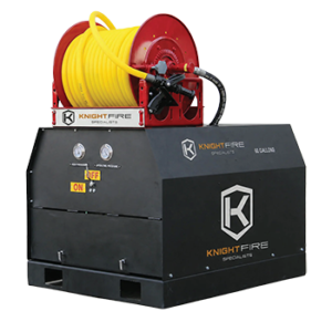 Knight Fire Armor 60-gallon foam unit with a red hose reel and yellow hose on a black skid enclosure