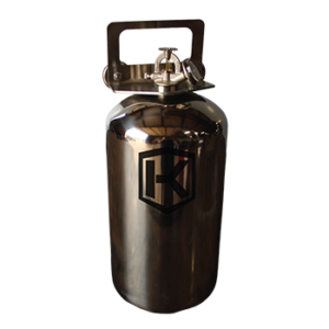 Stainless steel Knight Fire Defender fire suppression canister with a pressure gauge and carry handle